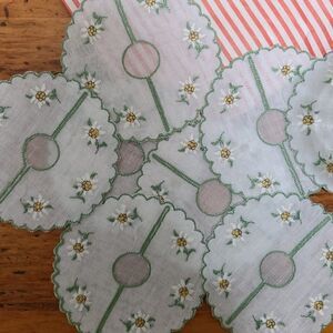 Vintage White Linen Wine Slipper Coaster Set (8) – Embroidered Floral Design